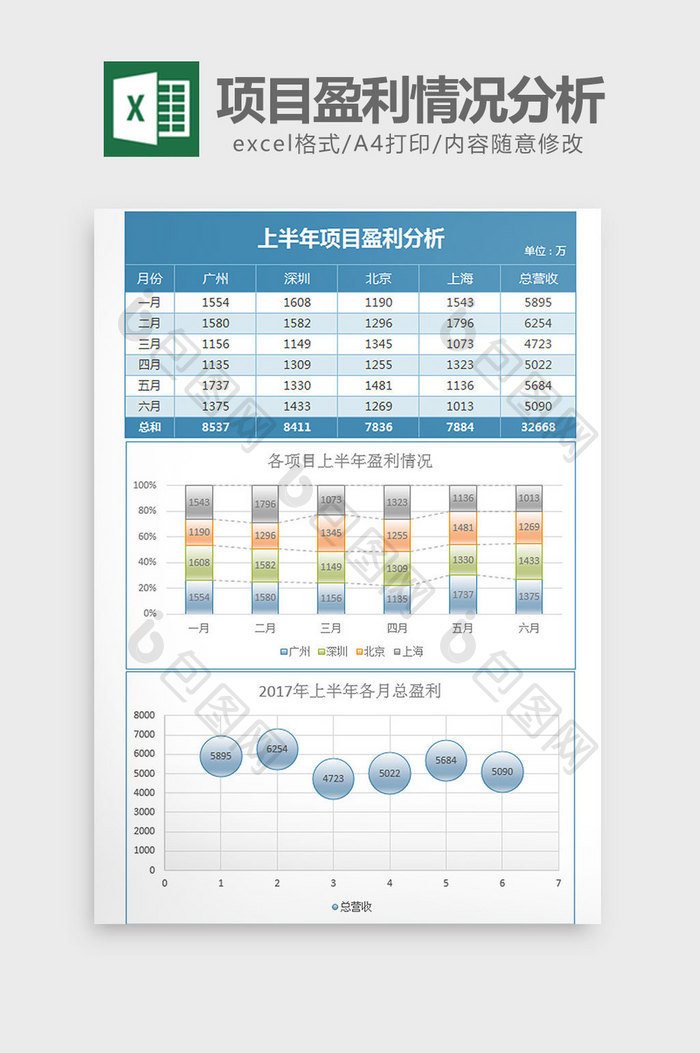 镜面反光项目盈利情况分析excel模板