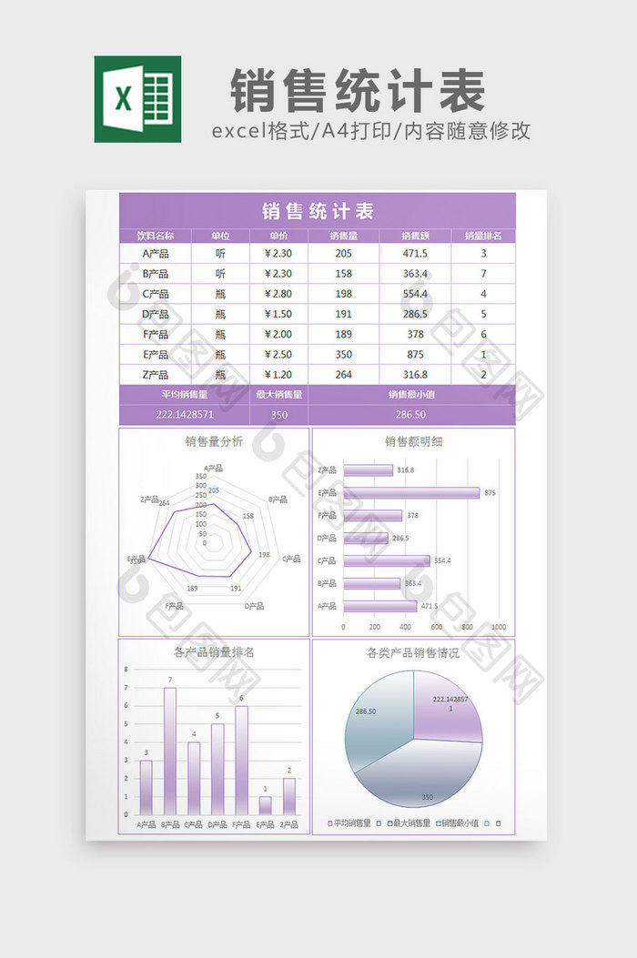 紫色镜面发光销售统计表excel模板