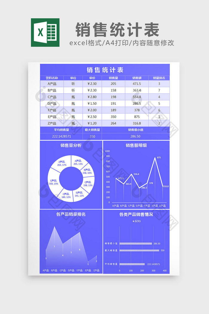 蓝色实用销售统计表excel模板