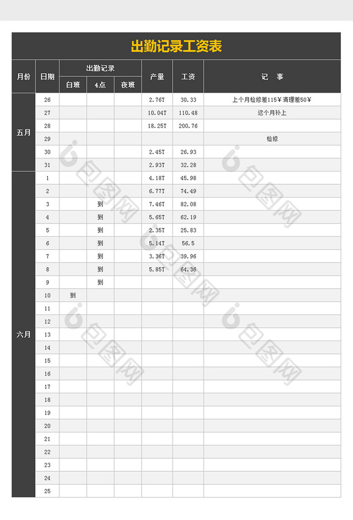 出勤记录工资表excel文档