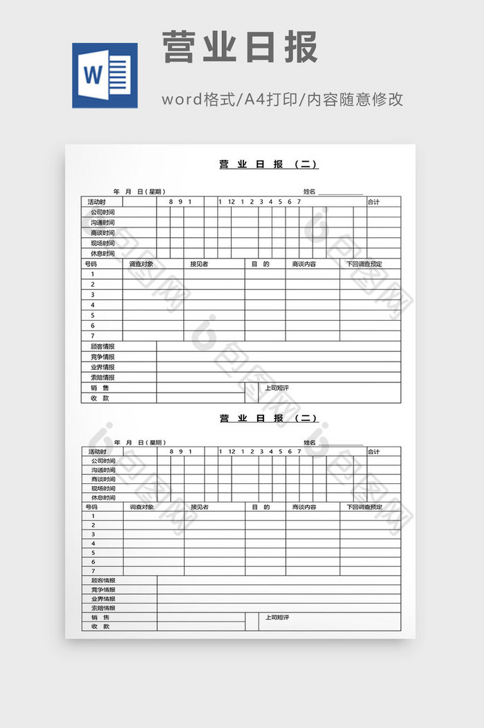 营销管理营业日报Word文档