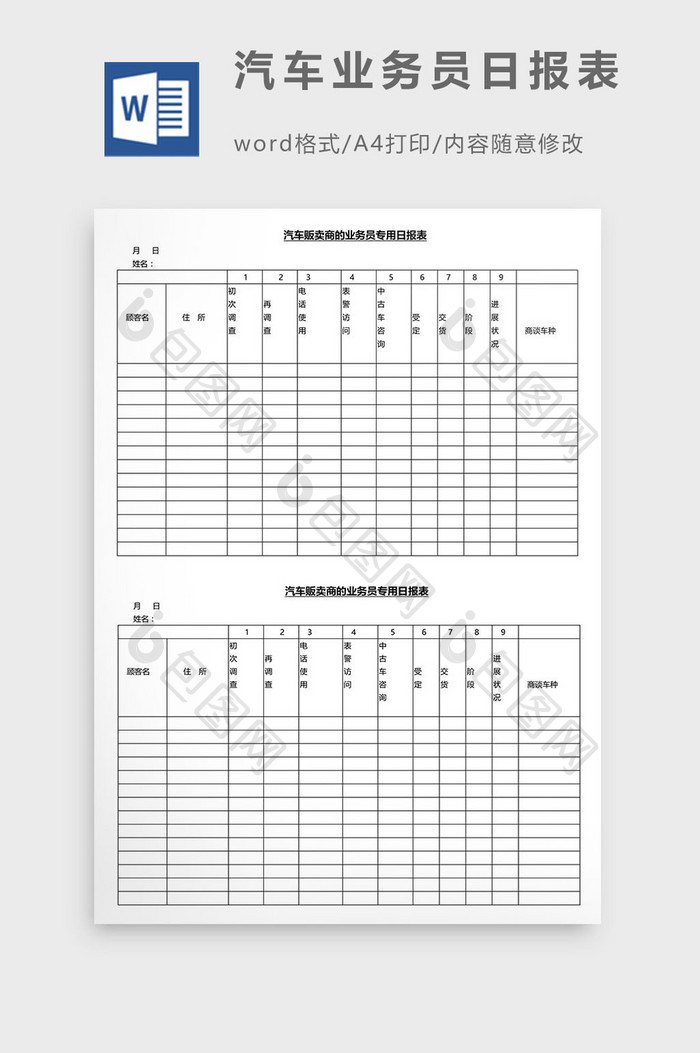 营销管理汽车业务员日报表Word文档