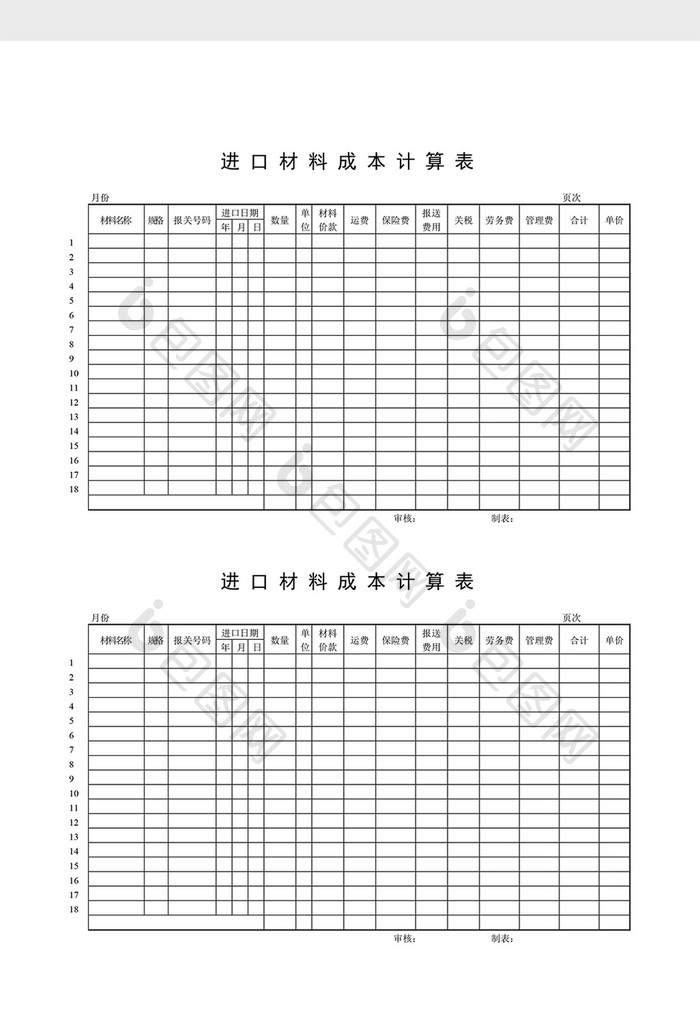 库存月报进口材料成本计算表word文档