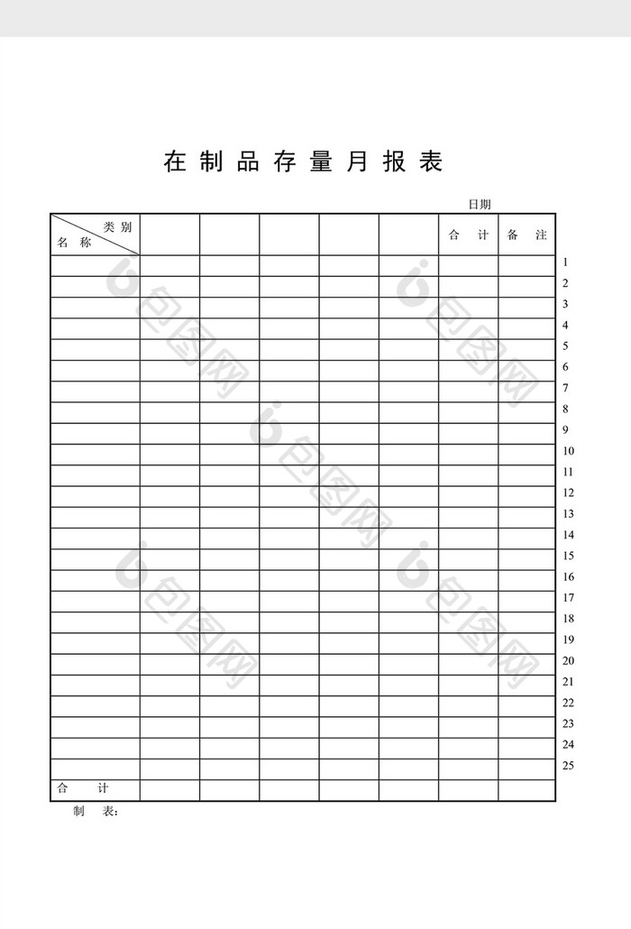 半成品记录在制品存量月报表word文档