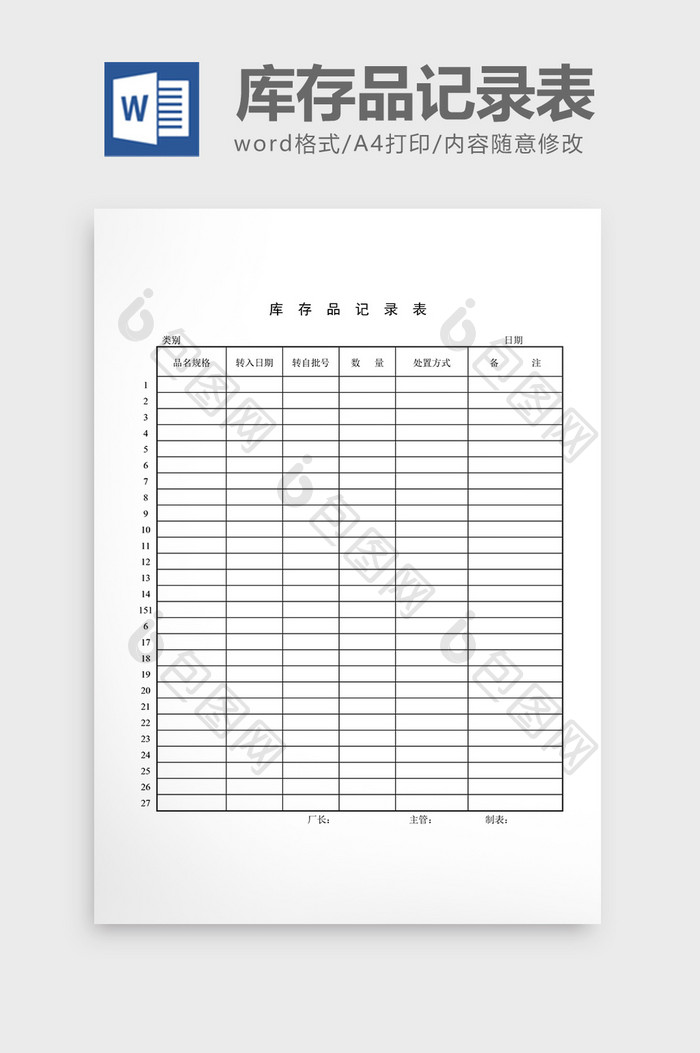 材料管制库存品记录表word文档