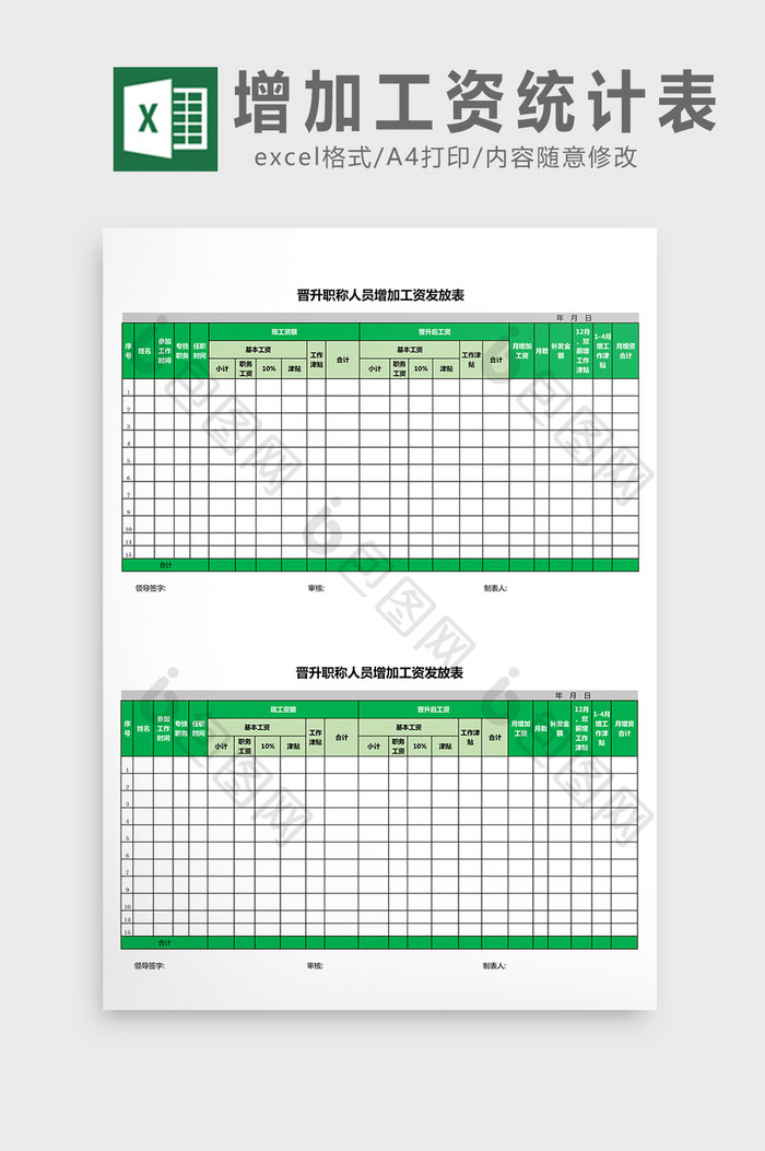 晋升人员增加工资统计表excel表模板