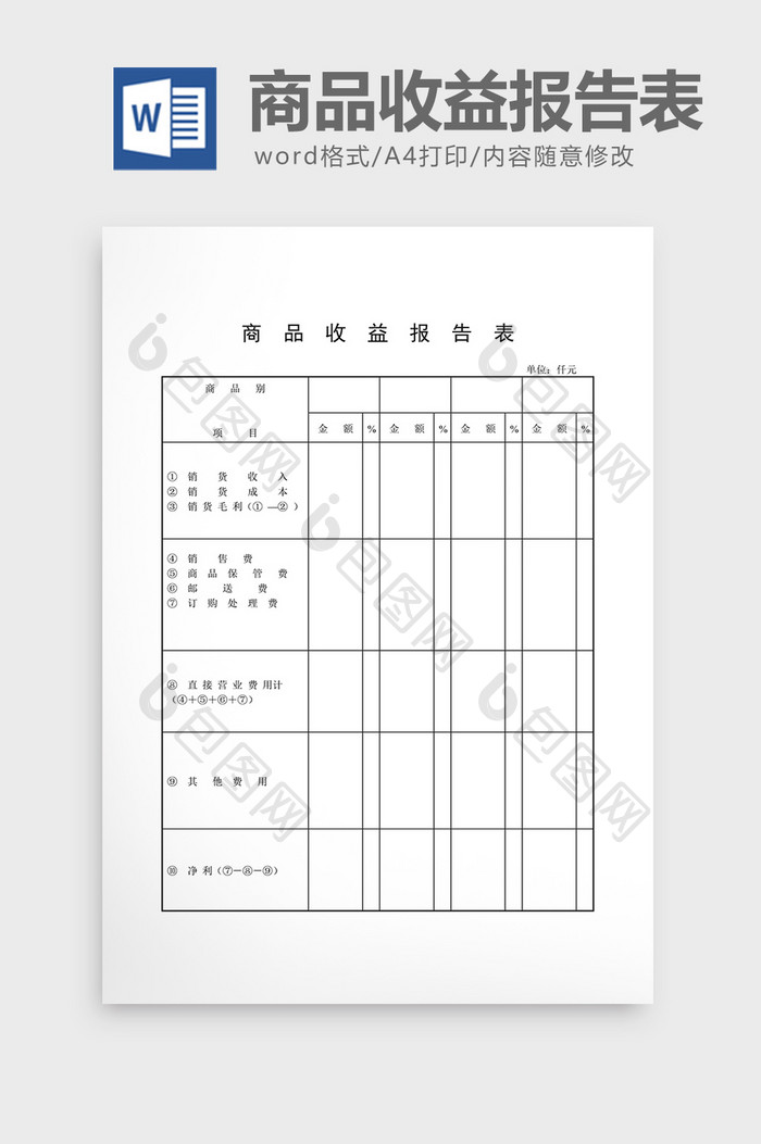 库存报表商品收益报告表word文档