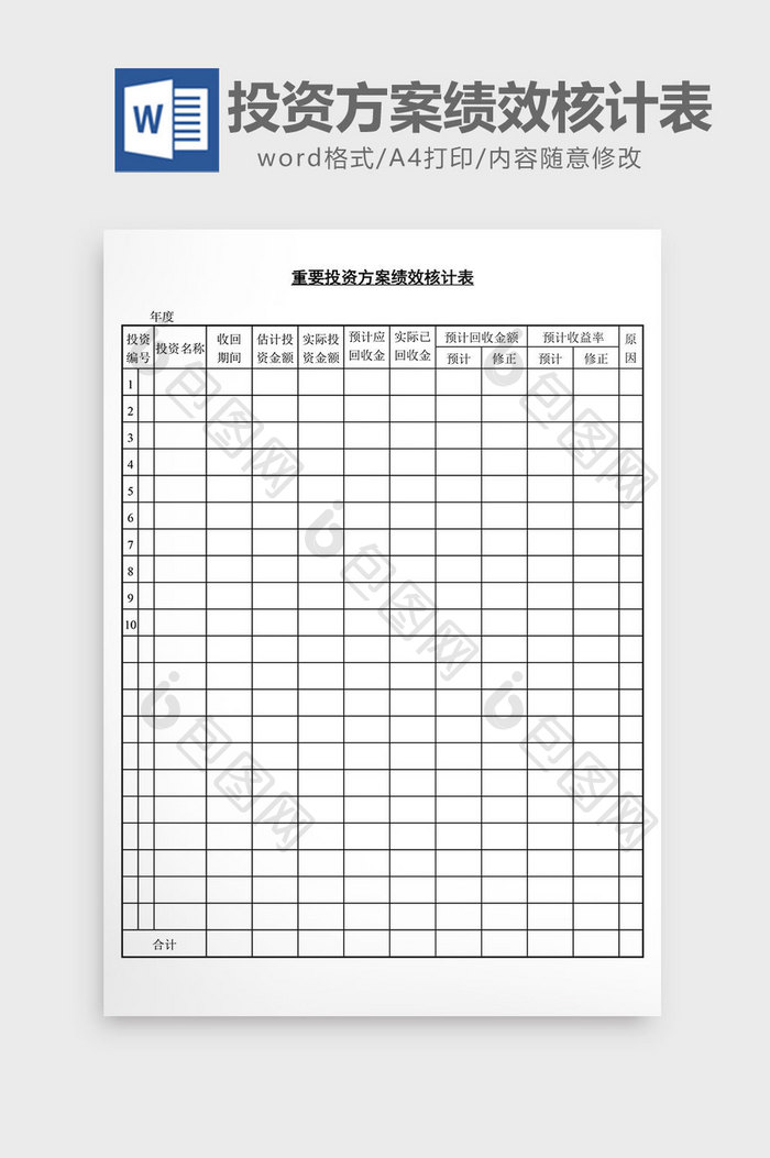 重要投资方案绩效核计表word文档