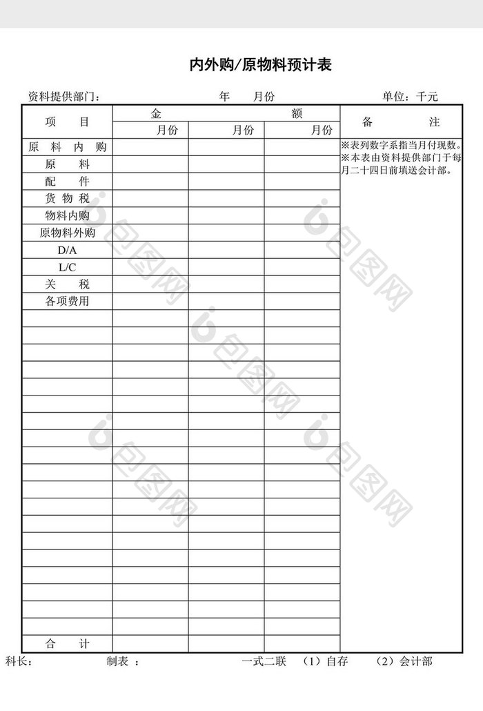 内外购原物料预计表word文档