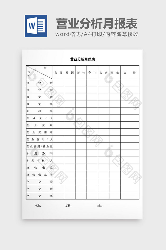 营业分析月报表word文档