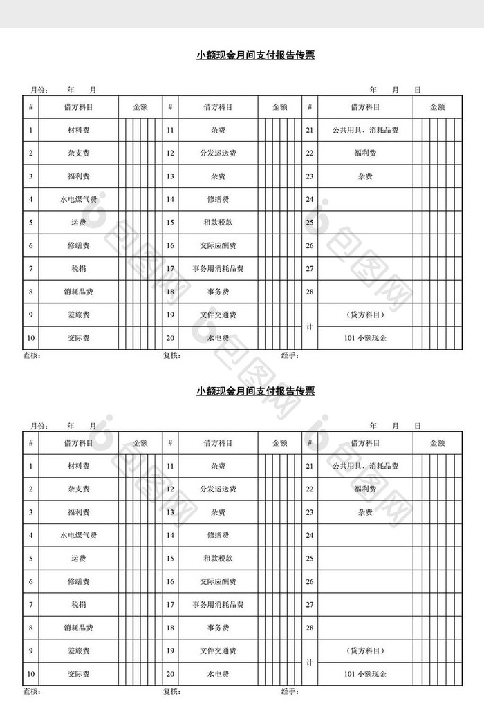 小额现金月间支付报告传票word文档