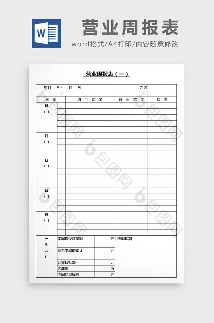 营销管理营业周报表Word文档