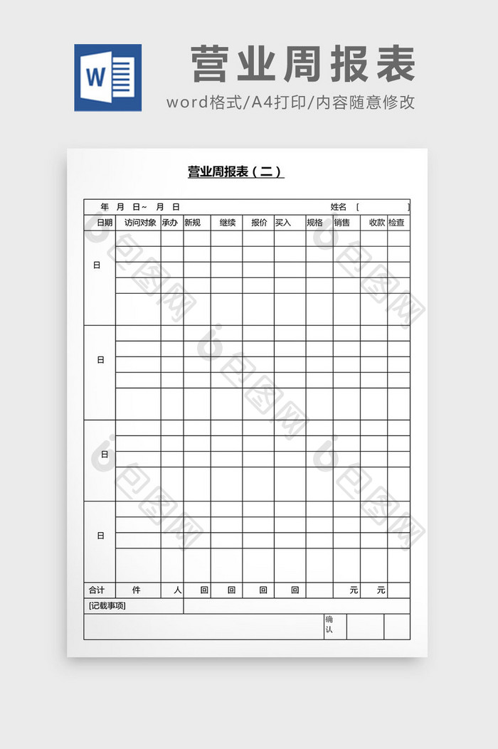 营销管理营业周报表Word文档