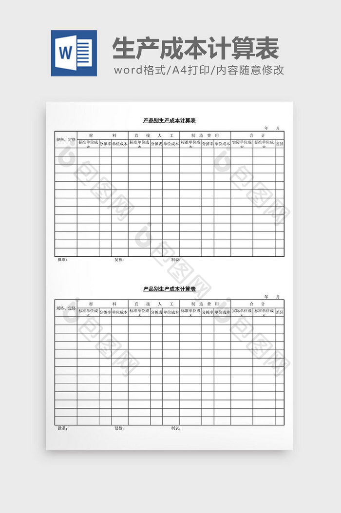 产品别生产成本计算表word文档图片图片