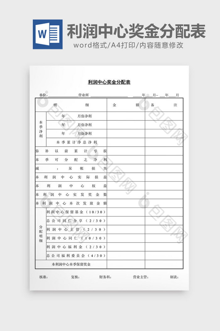 利润中心奖金分配表word文档