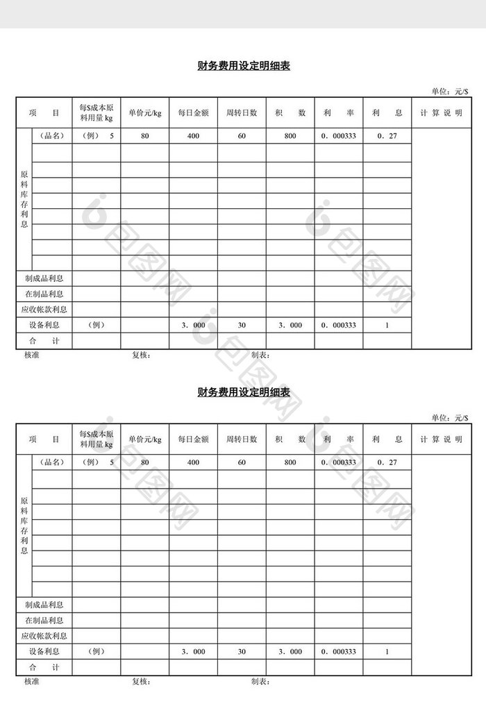 财务费用设定明细表word文档