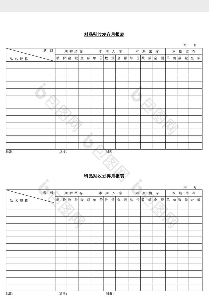 料品别收发存月报表word文档