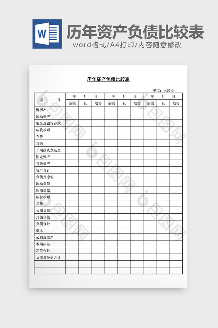 历年资产负债比较表word文档