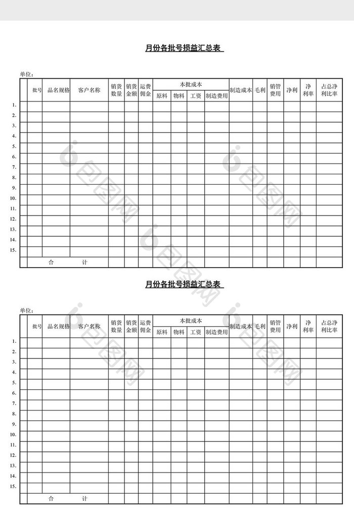 月份各批号损益汇总表word文档