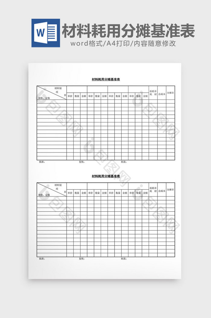 材料耗用分摊基准表word文档图片图片