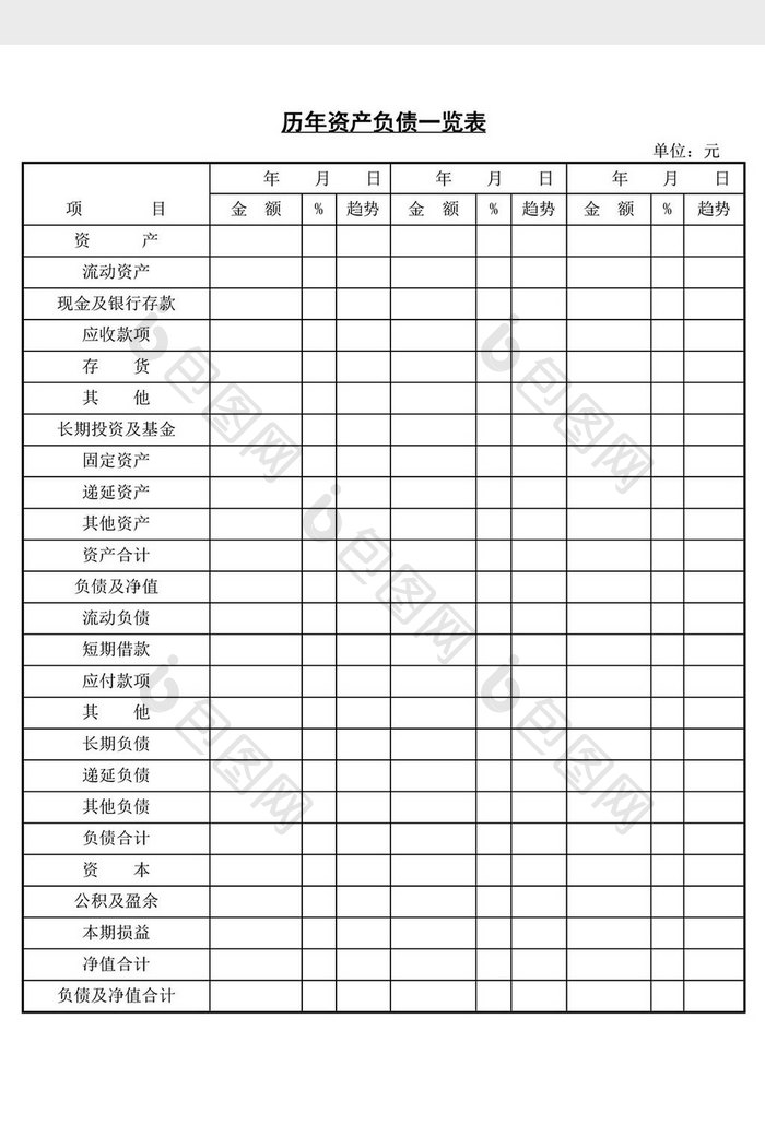 历年资产负债一览表word文档