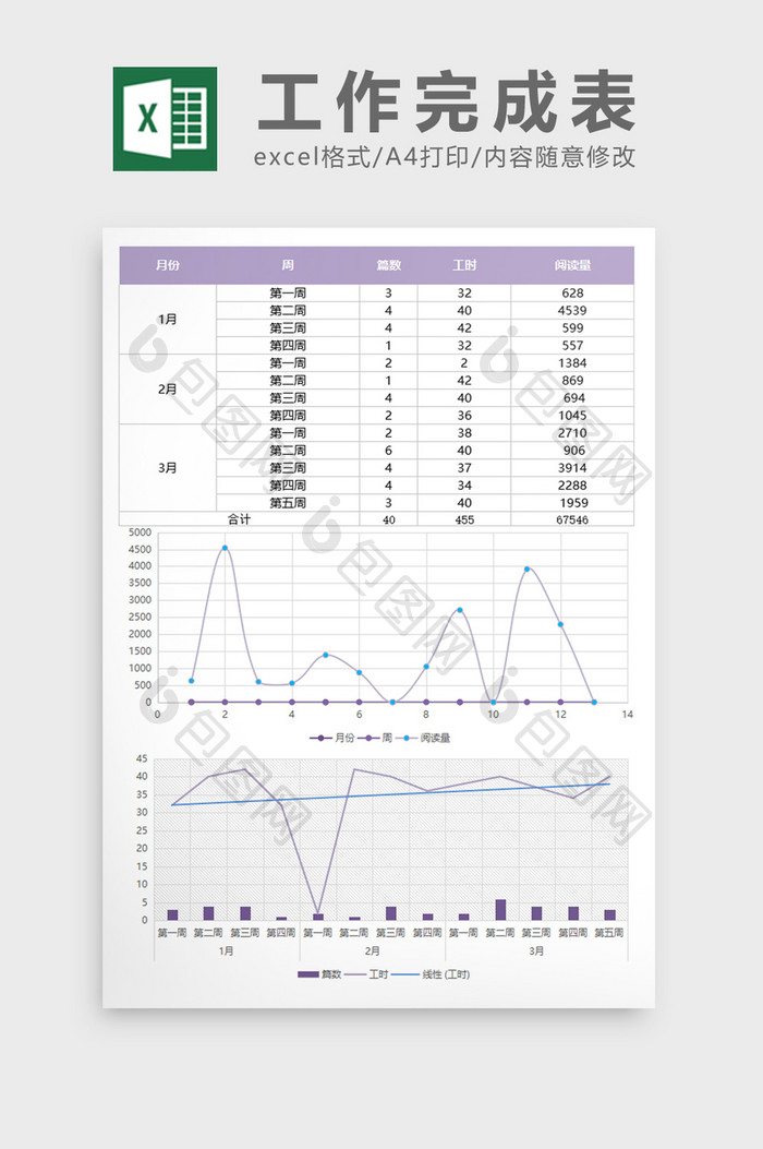 紫色个人工作完成统计excel表模板