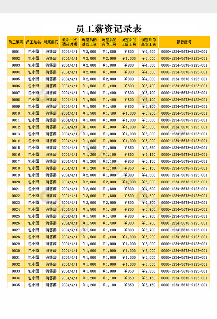 员工薪资记录表excel文档