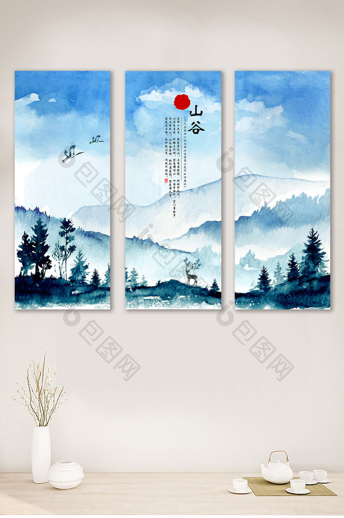 幽深山谷梅花鹿水墨山客厅书房装饰画无框画