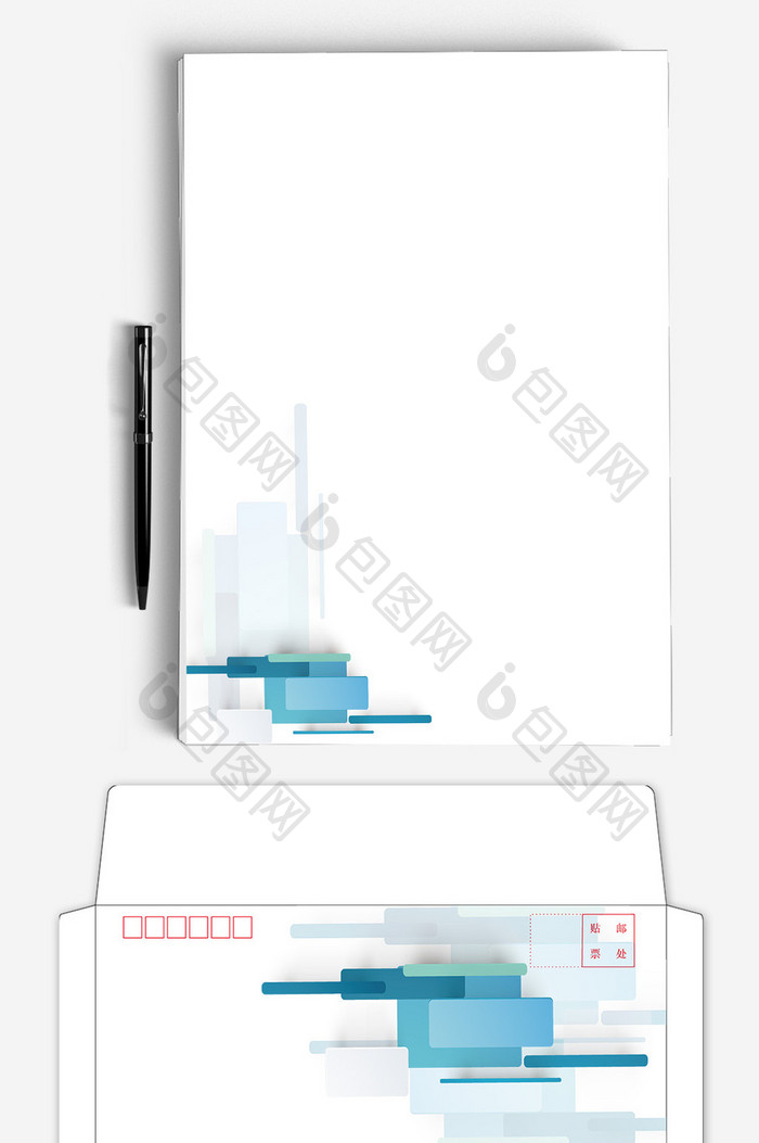 蓝色方格色块ai企业信纸信封背景模板