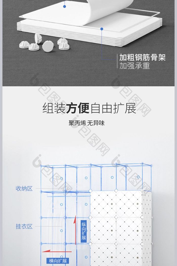 蓝色清爽简约组装衣柜详情页psd