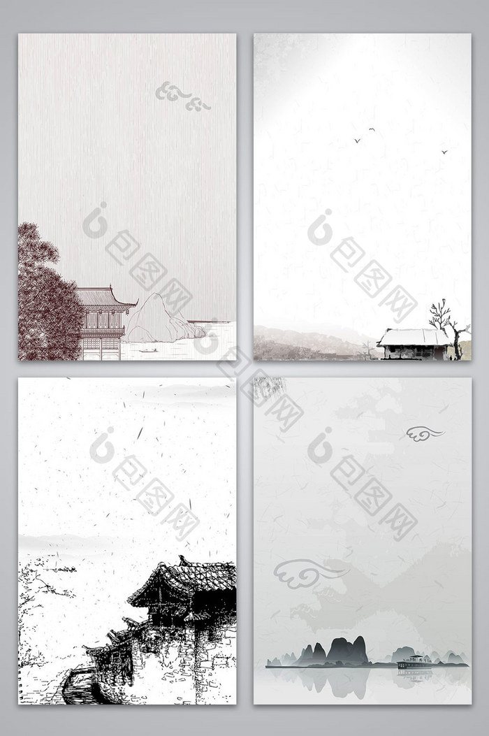 矢量中国风水墨山水建筑海报背景图