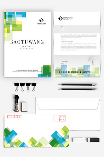蓝色绿色方块ai企业信纸信封背景模板图片