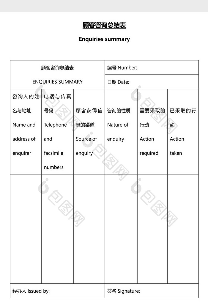 营销管理顾客咨询总结表Word文档