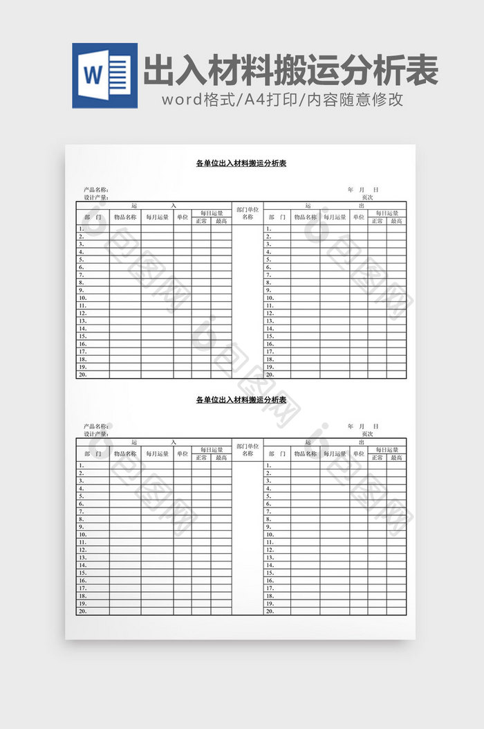 各单位出入材料搬运分析表word文档