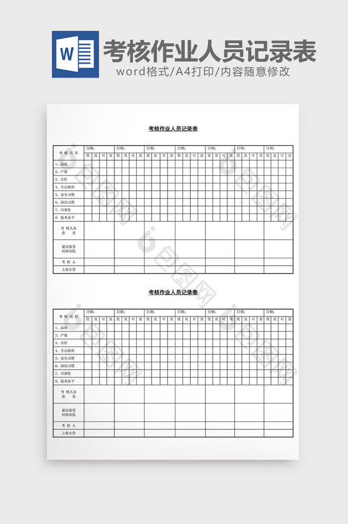 考核作业人员记录表word文档