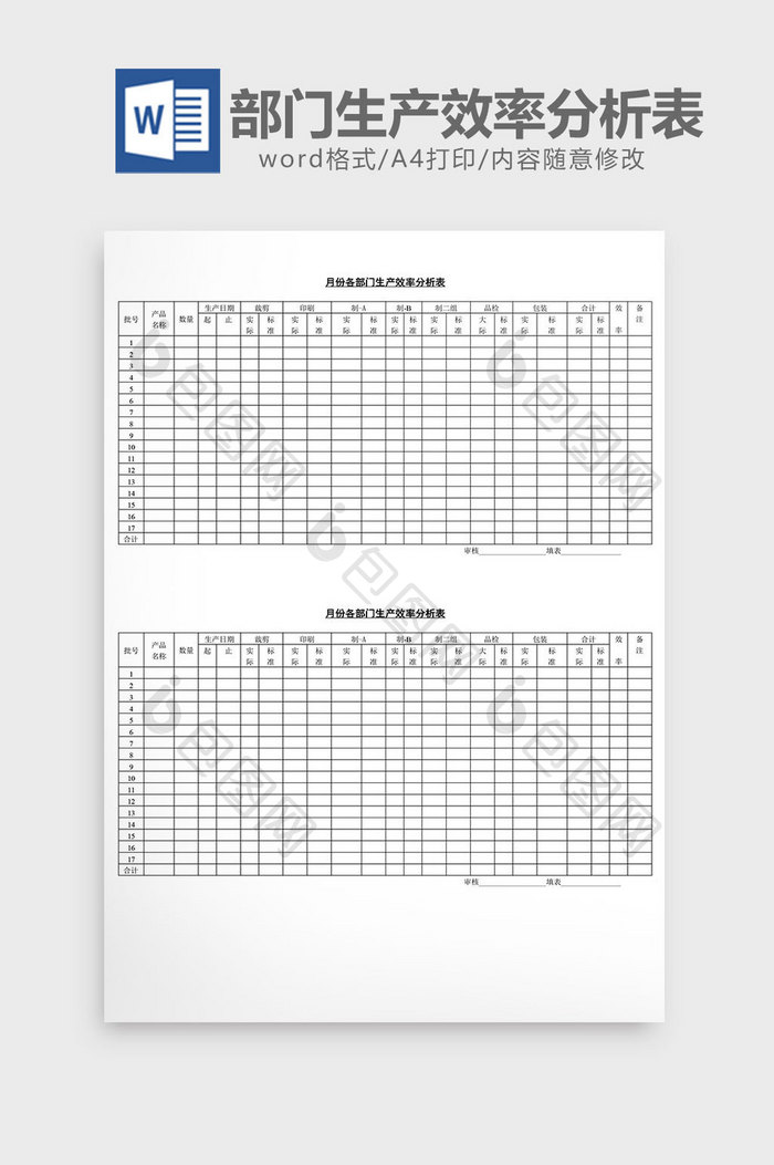 月份各部门生产效率分析表word文档