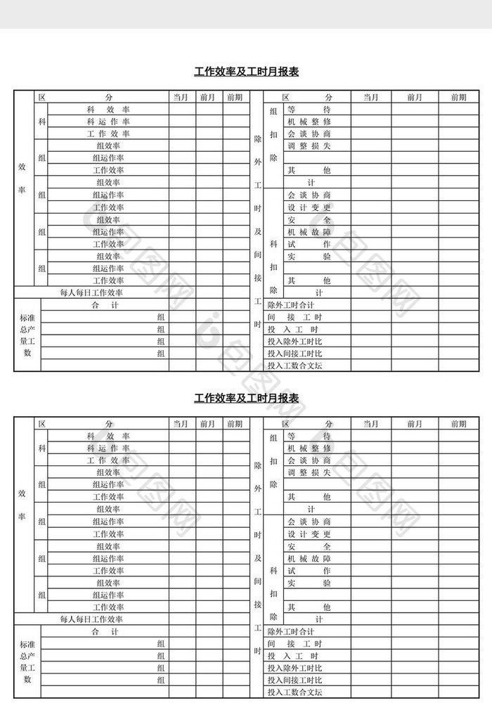 工作效率及工时月报表word文档