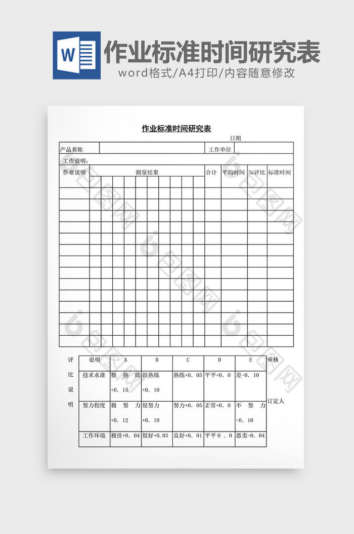 作业标准时间研究表word文档