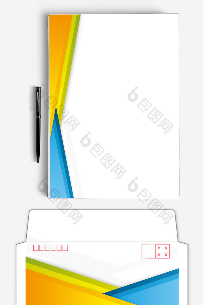 黄色蓝色三角形ai企业信纸信封背景模板
