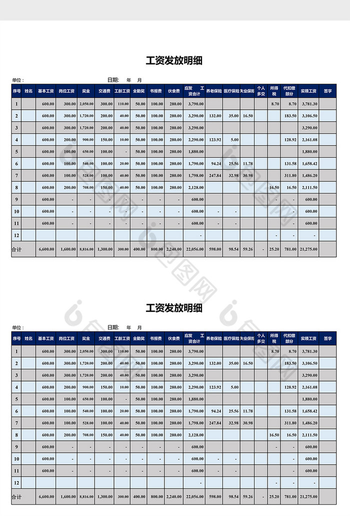 工资发放明细表excel表模板