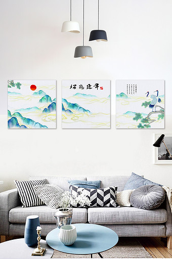 新中式水墨风格松鹤延年客厅书房装饰画图片