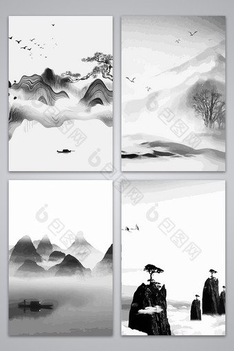中国风手绘水墨山水海报背景图图片
