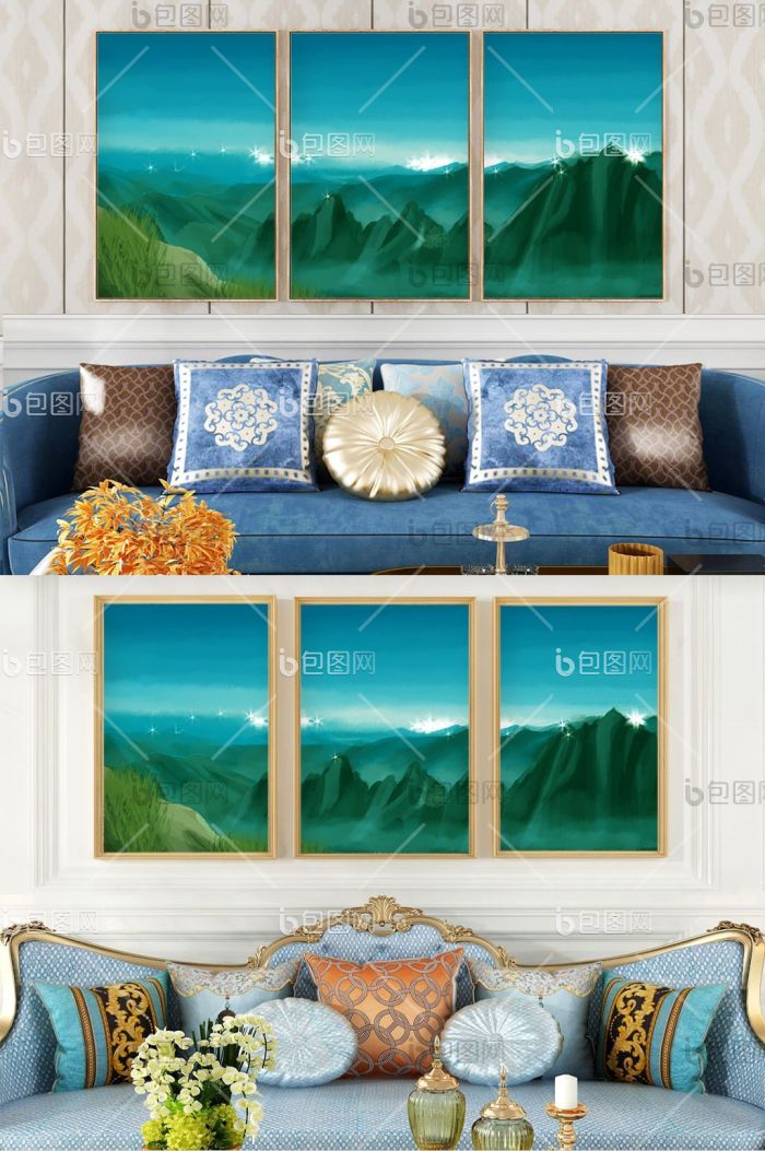 新中式客厅书房手绘山水装饰画家庭装饰画-新中式客厅书房手绘山水装饰画家庭装饰画效果图-【包图网】