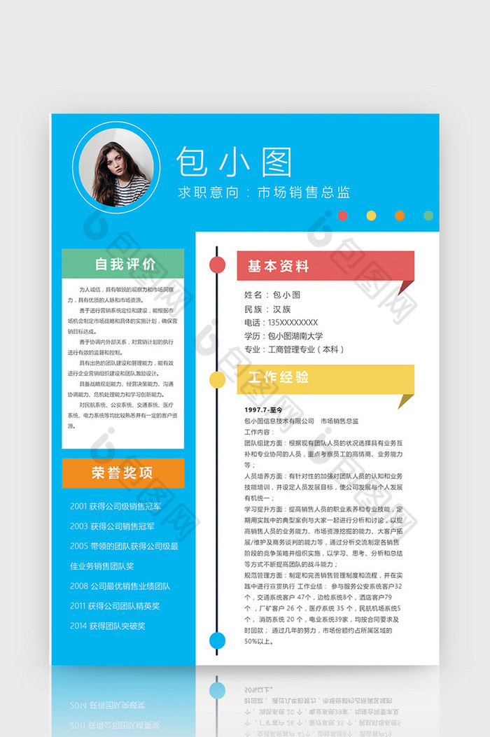 清新蓝色市场销售总监求职简历Word模板图片图片