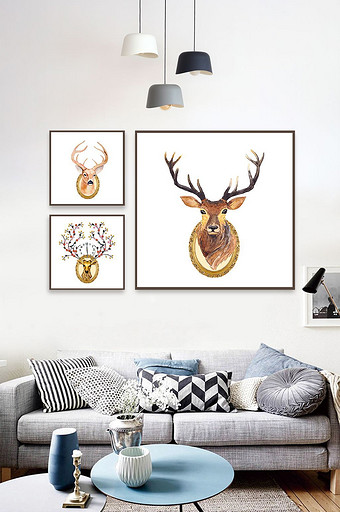 欧式创意时尚手绘鹿头花卉北欧无框装饰画图片