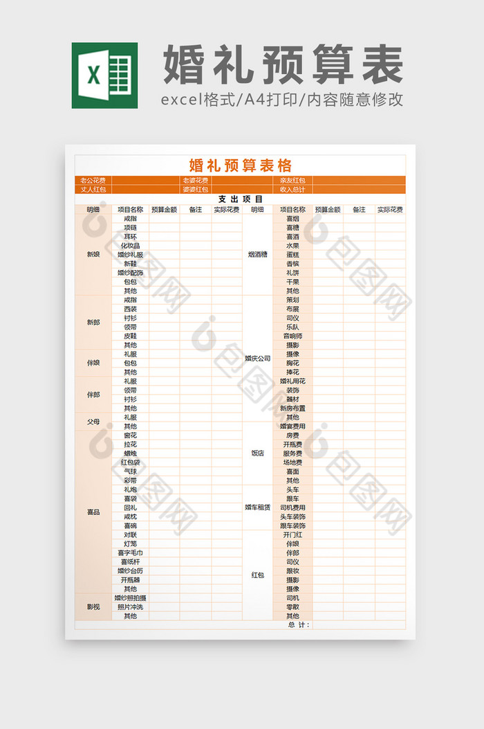 婚礼筹备预算详情excel表格模板图片图片