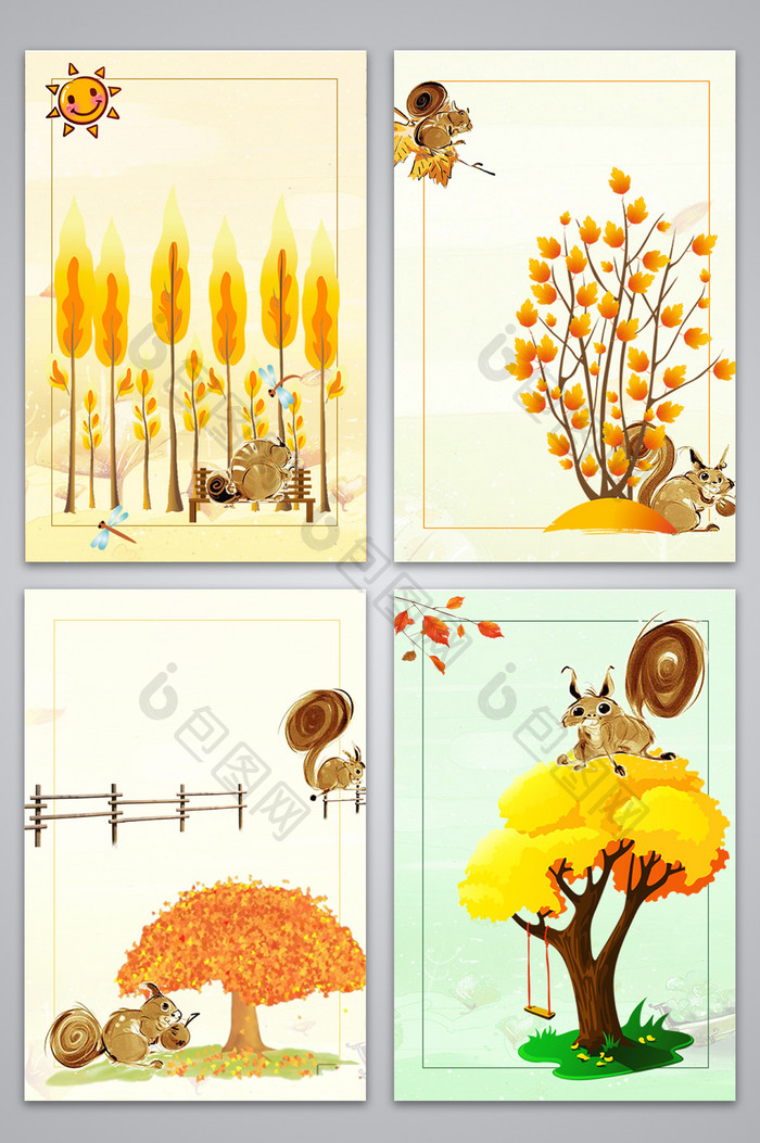 手绘可爱卡通松鼠秋季风景广告设计背景图