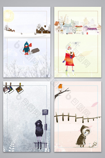 手绘冬季风景卡通广告设计背景图图片