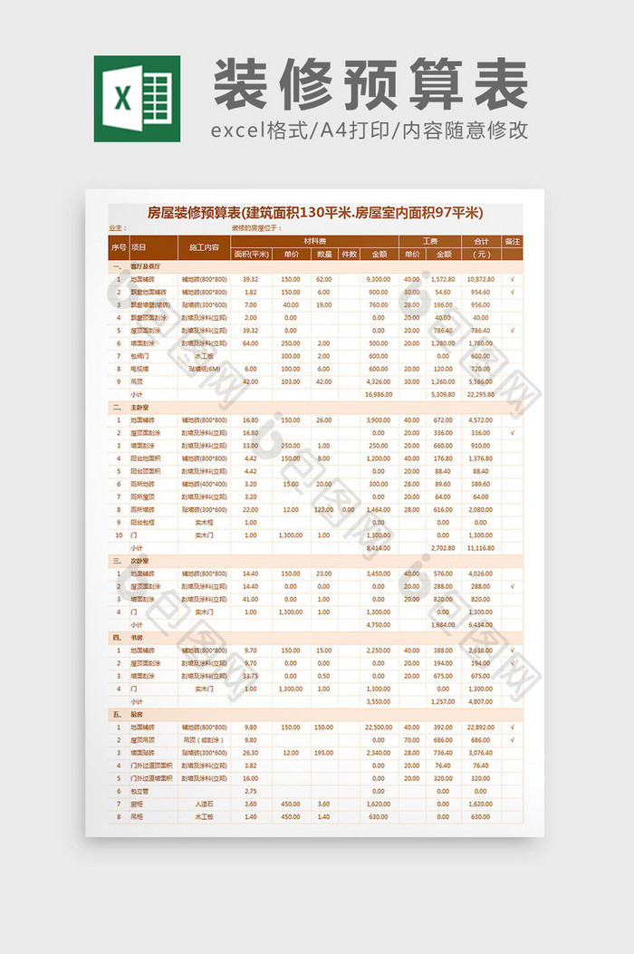 房屋装修预算表Excel模板