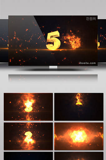 震撼火焰燃烧动画金色5秒倒计时AE模板图片